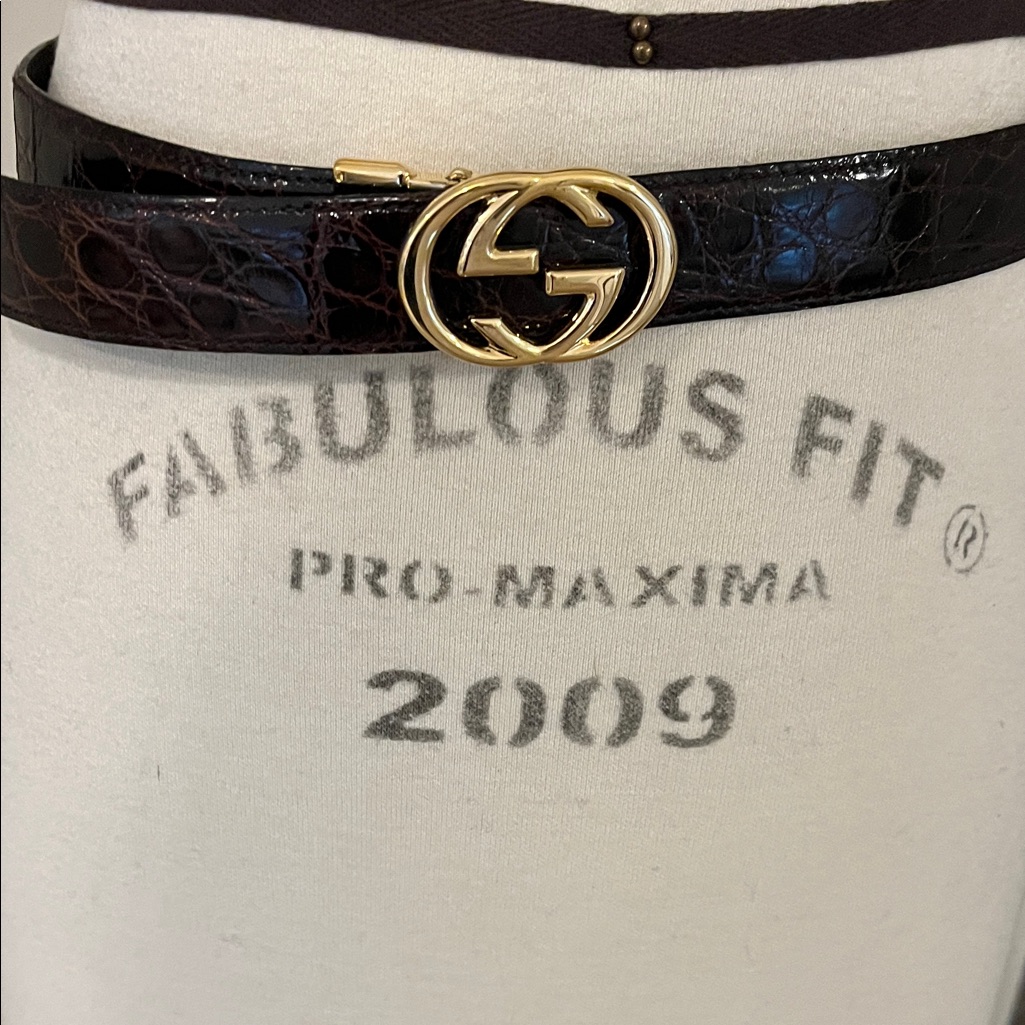 Gucci CrocodileEmbossed Black Belt With Gold Buckle